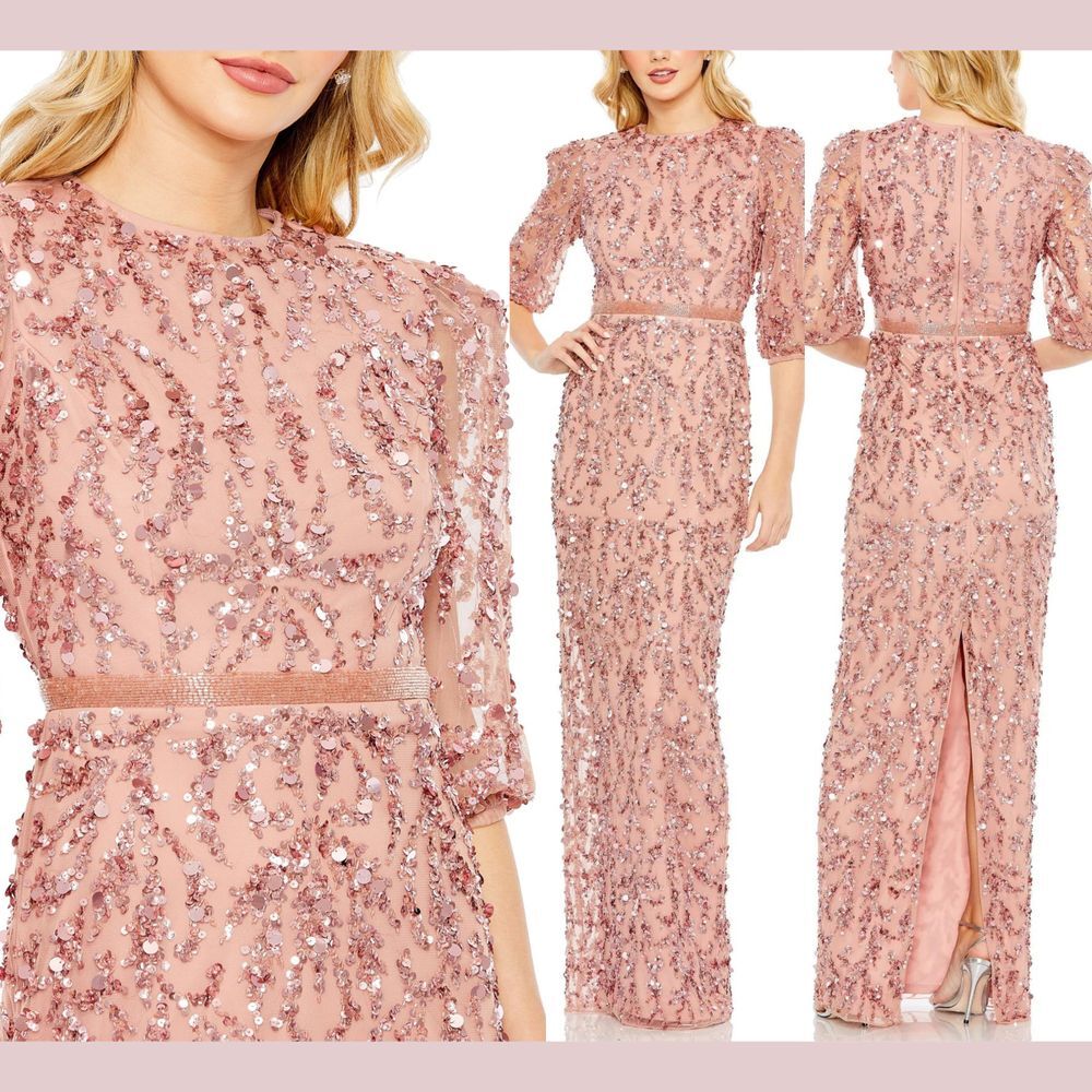 NWT $598 Mac Duggal [ 4 ] 93790 Sequined Elbow‎ Sleeve Gown Rosewood Pink